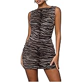 SOLY HUX Women's Bodycon Mini Dress Y2k Animal Print Crewneck Sleeveless Ruched Party Club Dresses