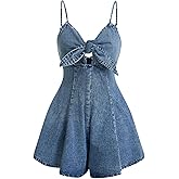OYOANGLE Women's Vintage Bowknot Spaghetti Strap Denim Romper Sleeveless Wide Leg Jean Short Jumpsuits
