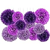 12Pcs Purple Hanging Tissue Paper Pom Poms,Pompoms Flowers for Ceiling Party Decorations
