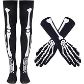 2 Pairs Halloween Skeleton Gloves Stockings Set, Halloween Skeleton Hand Gloves and Skeleton Knee High Socks