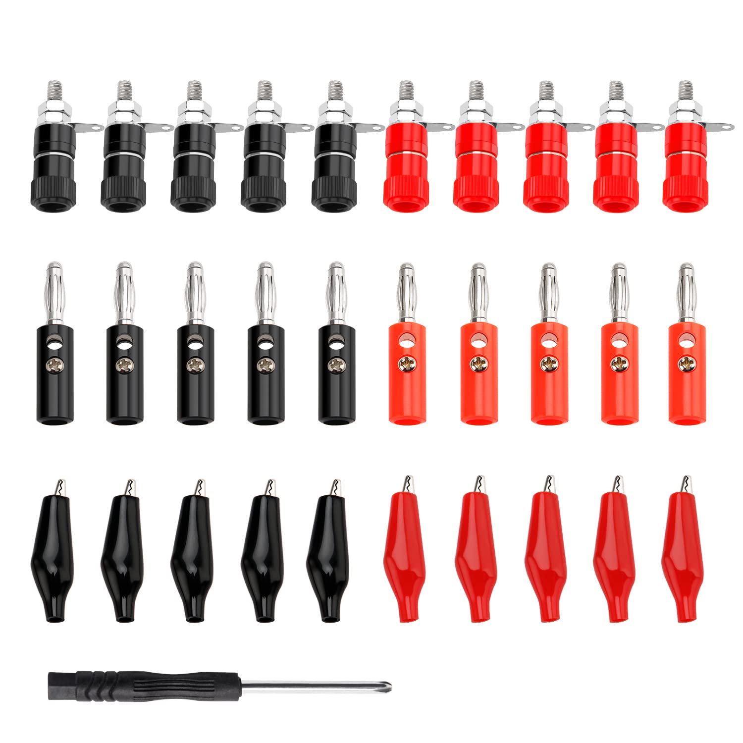 KUOQIY 30 PCS 4 mm Banana Plug Socket Connector Set, Binding Post Banana Plug + Alligator Clips Clamps, for Speaker, Audio/Video Receiver (Red, Black)