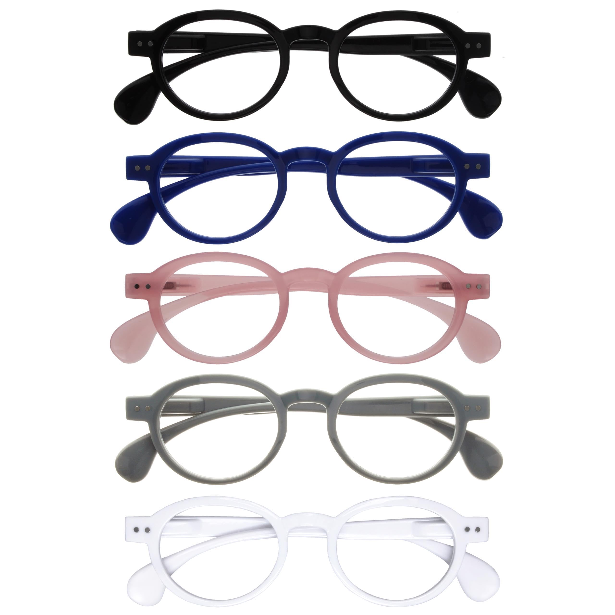 OPULIZE OCA Reading Glasses - 5-Pack - Modern Retro Round Frame - Black Blue Pink Grey White - Mens Womens - Spring Hinges - RRRRR54-1347W - +3.50