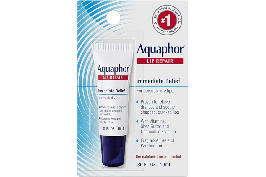 Aquaphor Lip Repair Ointment – Long-lasting Moisture to Soothe Dry Chapped Lips – .35 fl. oz. Tube