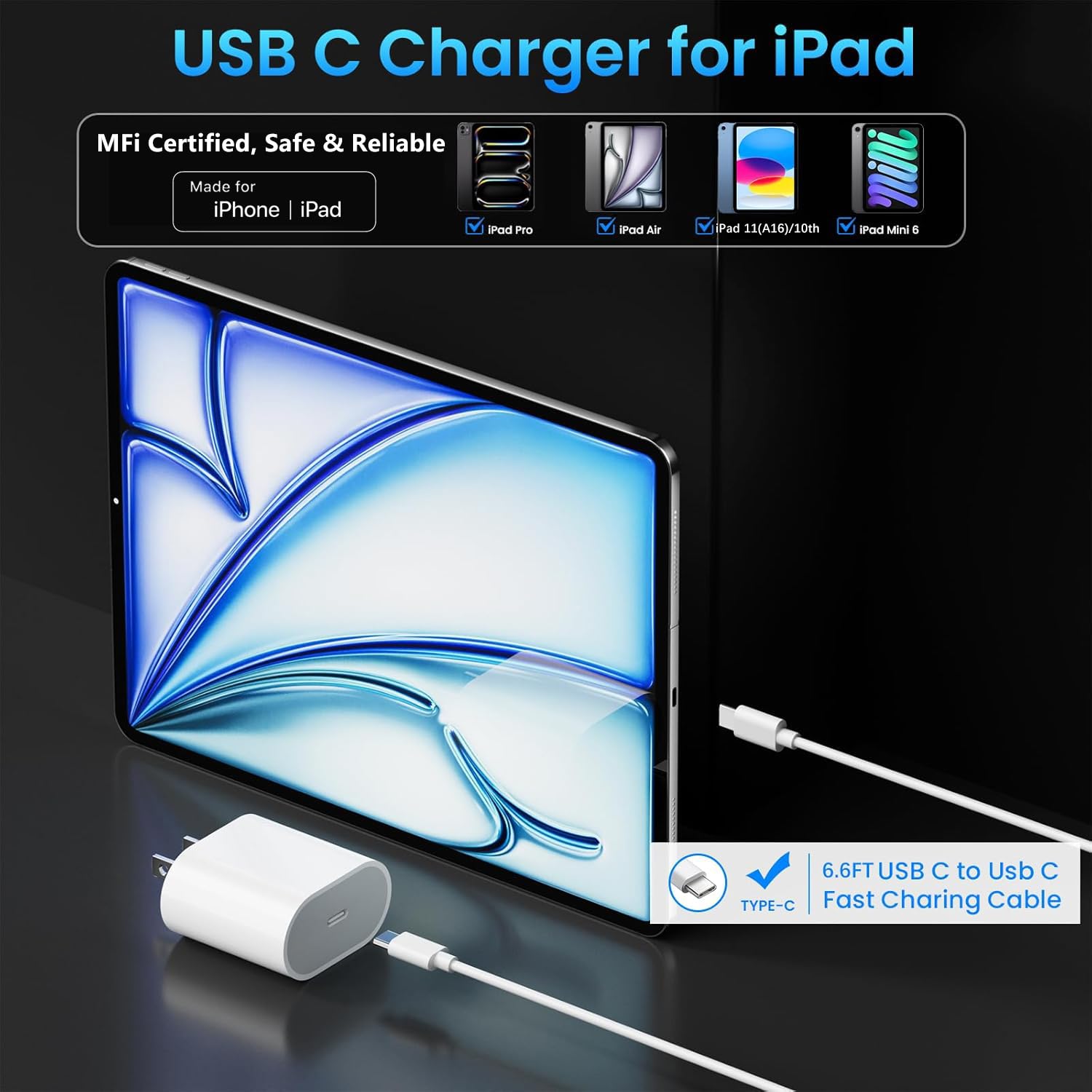 20W USB C Fast Charger for iPad Pro 13/12.9/11 inch, iPad A16/10th Generation, iPad Air 11/13 inch/5th/4th, iPad mini 6th/7th, iPad Charger Fast Charging Block with 6.6ft USB C to C Charger Cable