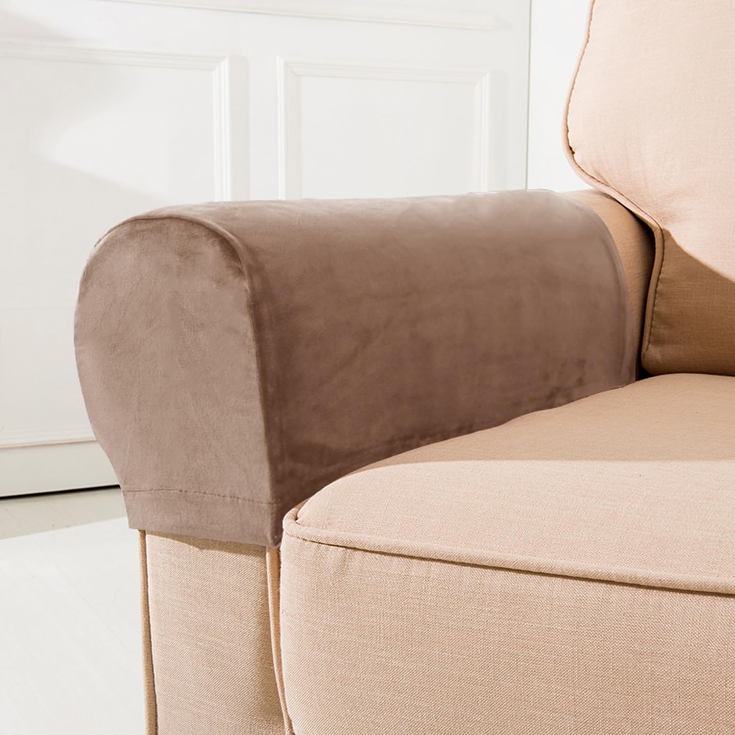 XIEHUZA Armrest Covers, Set of 2 Stretch Armchair Couch Armrest Chair Covers Anti-Slip Sofa Chair Velvet Arm Caps for Chair Furniture Protector Sofa Couches Recliner (Taupe)