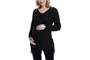 Bhome Maternity Sweater Ripped Loose V Neck One Shoulder Off Knit Maternity Pullover Long Sleeve Pregnant Sweater Top
