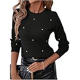 Verdusa Women's Business Casual Outfits Elegant Holiday Sweaters Pearl Long Sleeve Textured Knit Pullover Tops