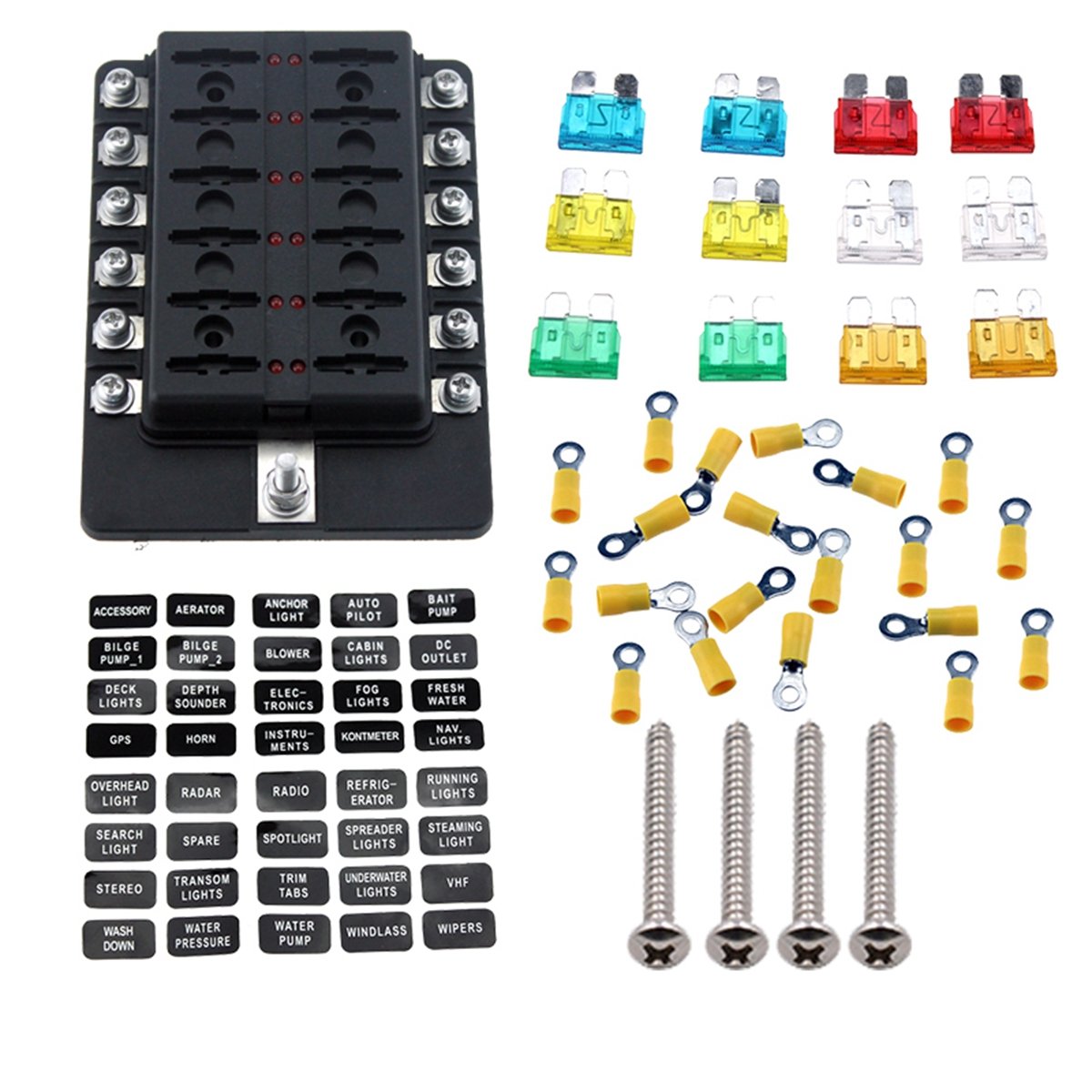 Carviya Ambuker 12-Way Blade Fuse Box with LED Indicator - Fuse Block for Automotive with fuse and spade terminals and wiring kits (12 Way)