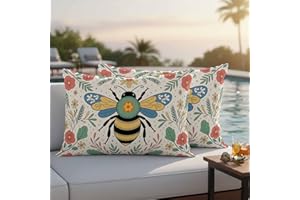 Floral Bee Outdoor Waterproof Lumbar Throw Pillow Covers Set of 2 Flower Leaves Polka Dot Decorative Outdoor Pillows Cushion 