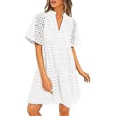PRETTYGARDEN Eyelet Dresses for Women 2026 Summer Short Sleeve V Neck Hollow Out Ruffle A Line Boho Beach Vacation Mini Dress