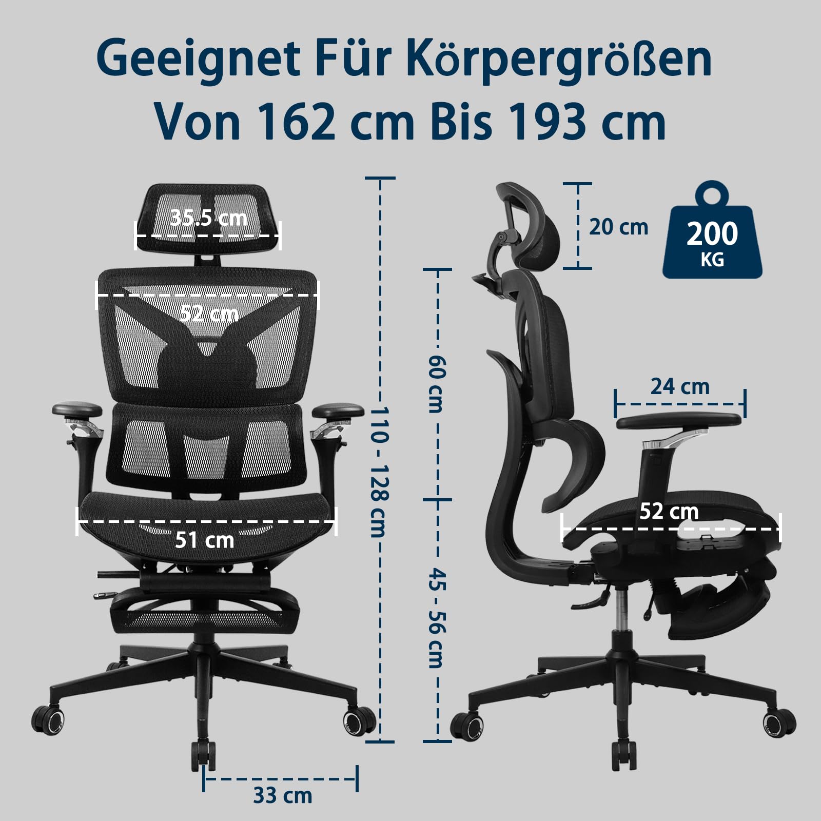 Rieior Ergonomischer Bürostuhl Große und Schwere mit Fußstütze, 5D Verstellbare Armlehnen, Lendenstütze, Netz-Rückenlehne, Verstellbare Sitztiefe, Drehbarer Gaming Stuhl Schwarz 2