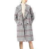 chouyatou Women's Classic Notched Collar Double Breasted Plaid Wool Blend Long Trench Coat