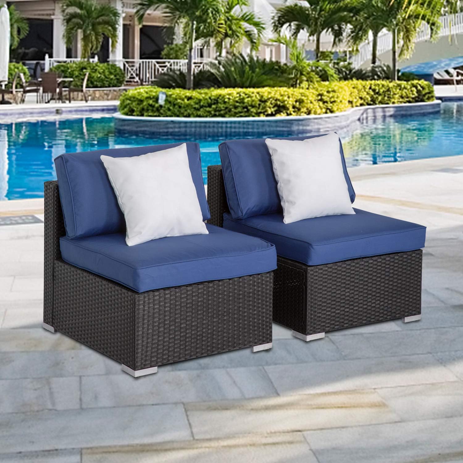 Amazon Com Kinbor Patio Loveseat Wicker Armless Chairs All Weather Black Pe Wicker Sofa Chair Additional Seats For Sectional Sofa With 2 Pillows Garden Outdoor