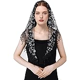 Lystaii Triangle Lace Mantilla Veil with Tassel Tulle Scarf Shawl Cathedral Head Covering Floral Chapel Veil for Mass Wedding