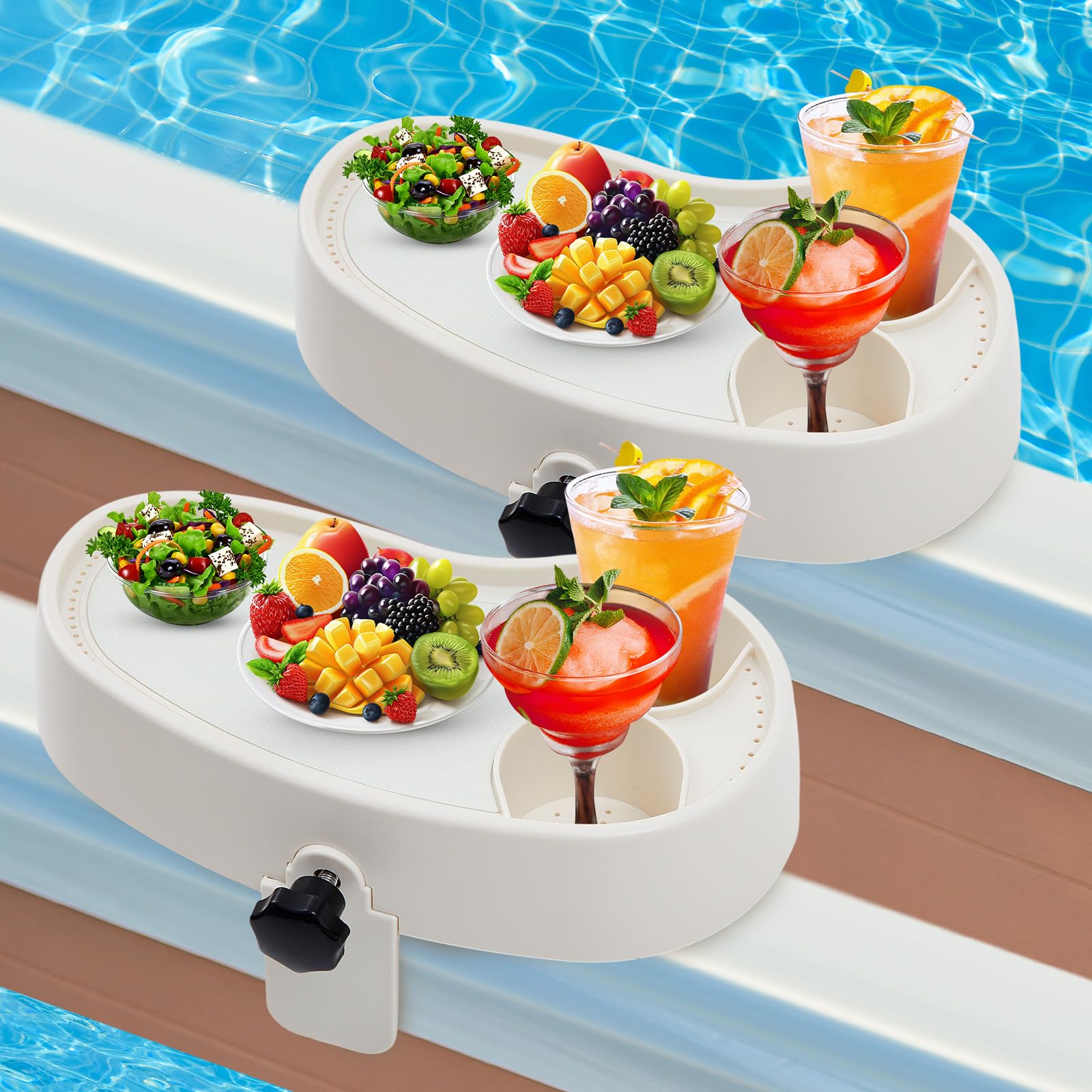 Photo 1 of Geelin 2 Pcs Hot Tub Table Tray, Adjustable Aboveground Bathtub Tray with 2 Cup Holder, Between 2'' to 7.5'' Nonslip Hot Tub Accessories Shelf Drinks Snacks Phone Holder for Spa Bathtub (Ivory White)