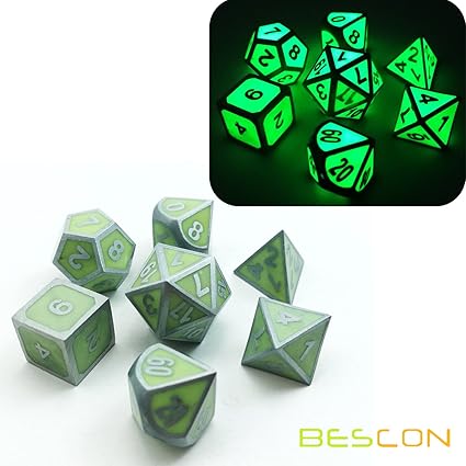 Bescon Super Glow In The Dark Metal Polyhedral D&D Dice Set Of 7 Luminous Metallic Rpg Role Playing Game 7Pcs D4-D20