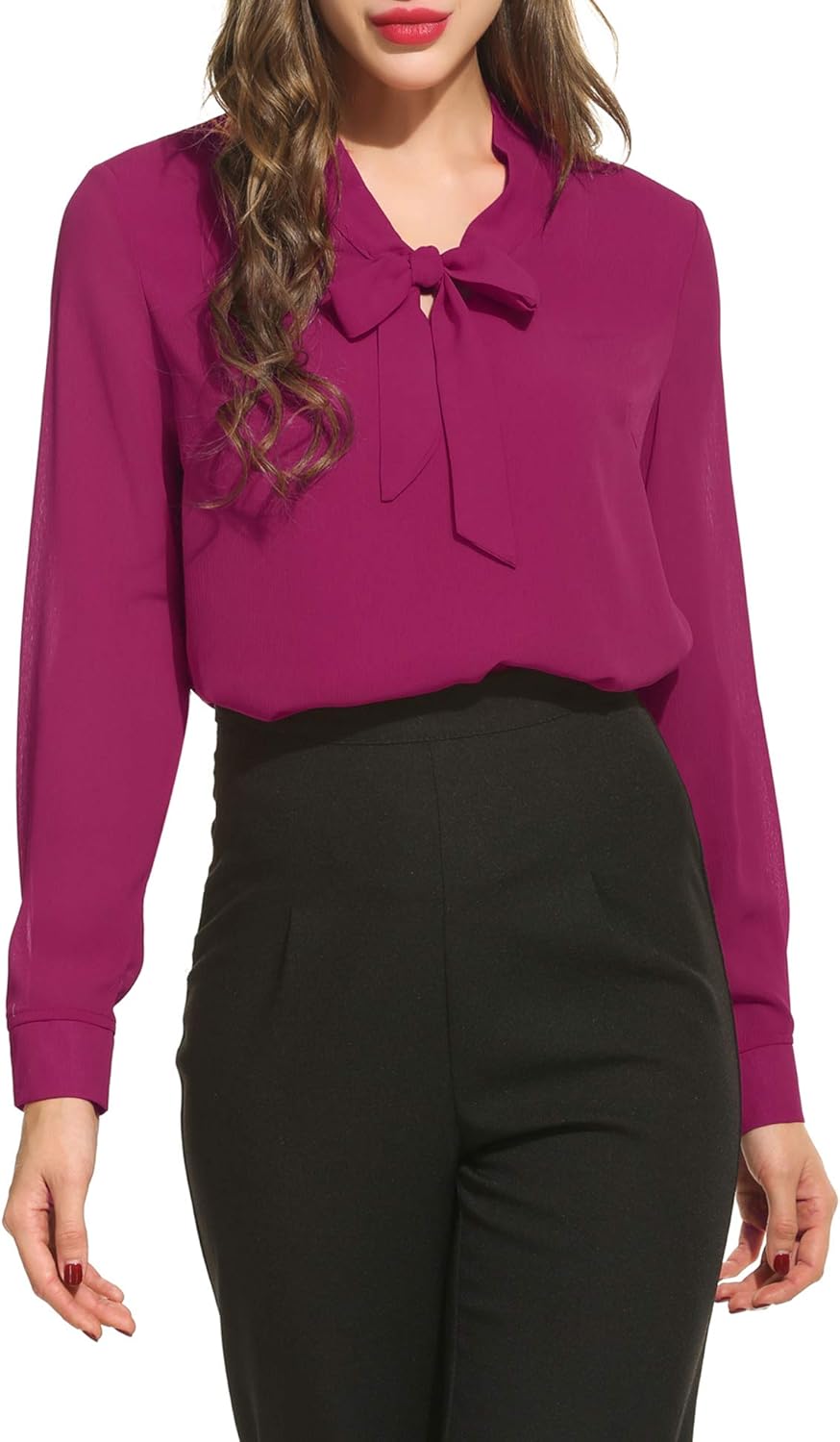 ACEVOG Womens Bow Tie Neck Long/Short Sleeve Casual Office Work Chiffon Blouse Shirts Tops