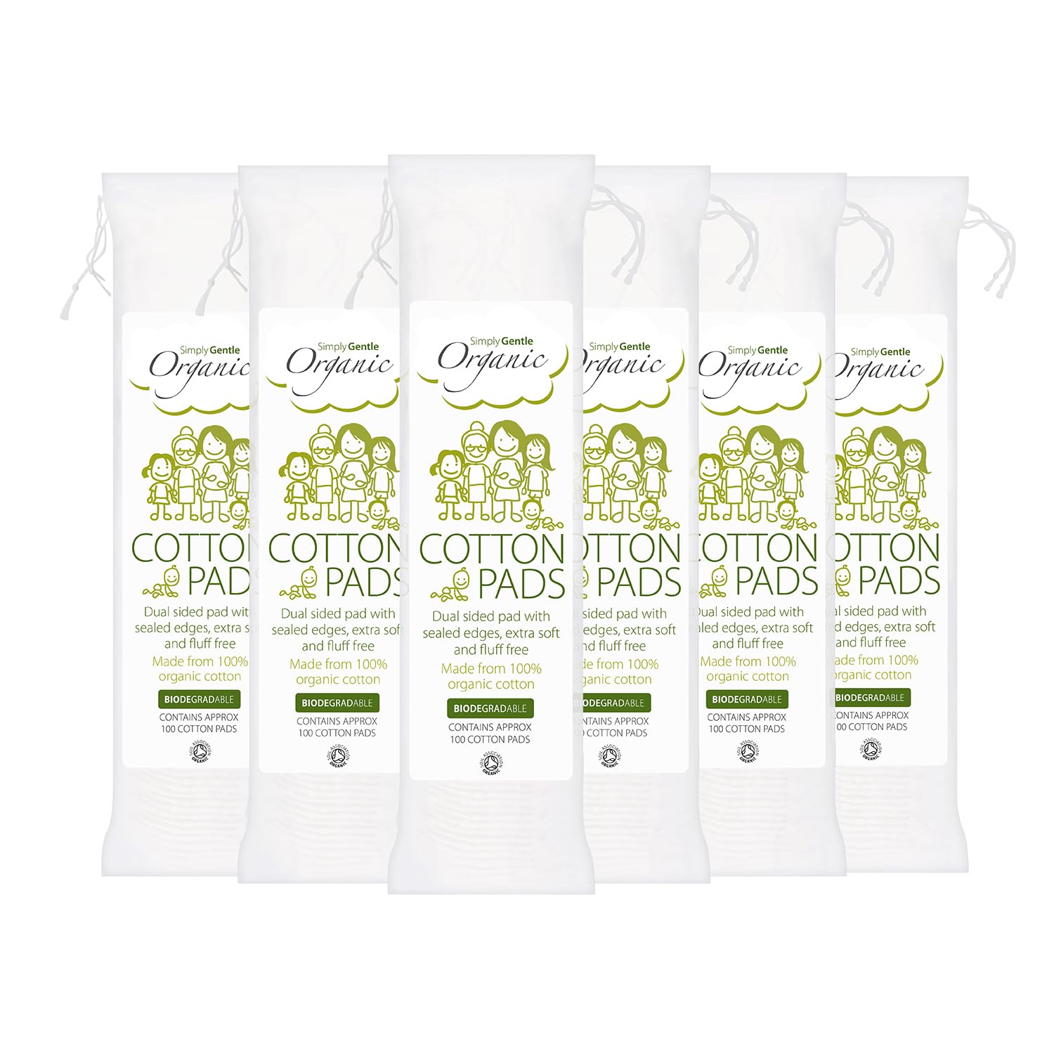 Simply Gentle Organic Cotton Pads - Perfect for Sensitive Skin - Pure Cotton Pads for First Aid - Free from Odours or Irritants - Round Shape, Disposable - 100 Pads (Pack of 6)