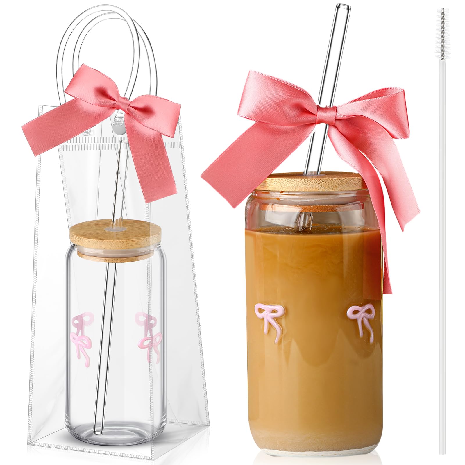 Yetene Coquette Bow Aesthetic Glass Cup with Clear Gift Bag Lids and ...
