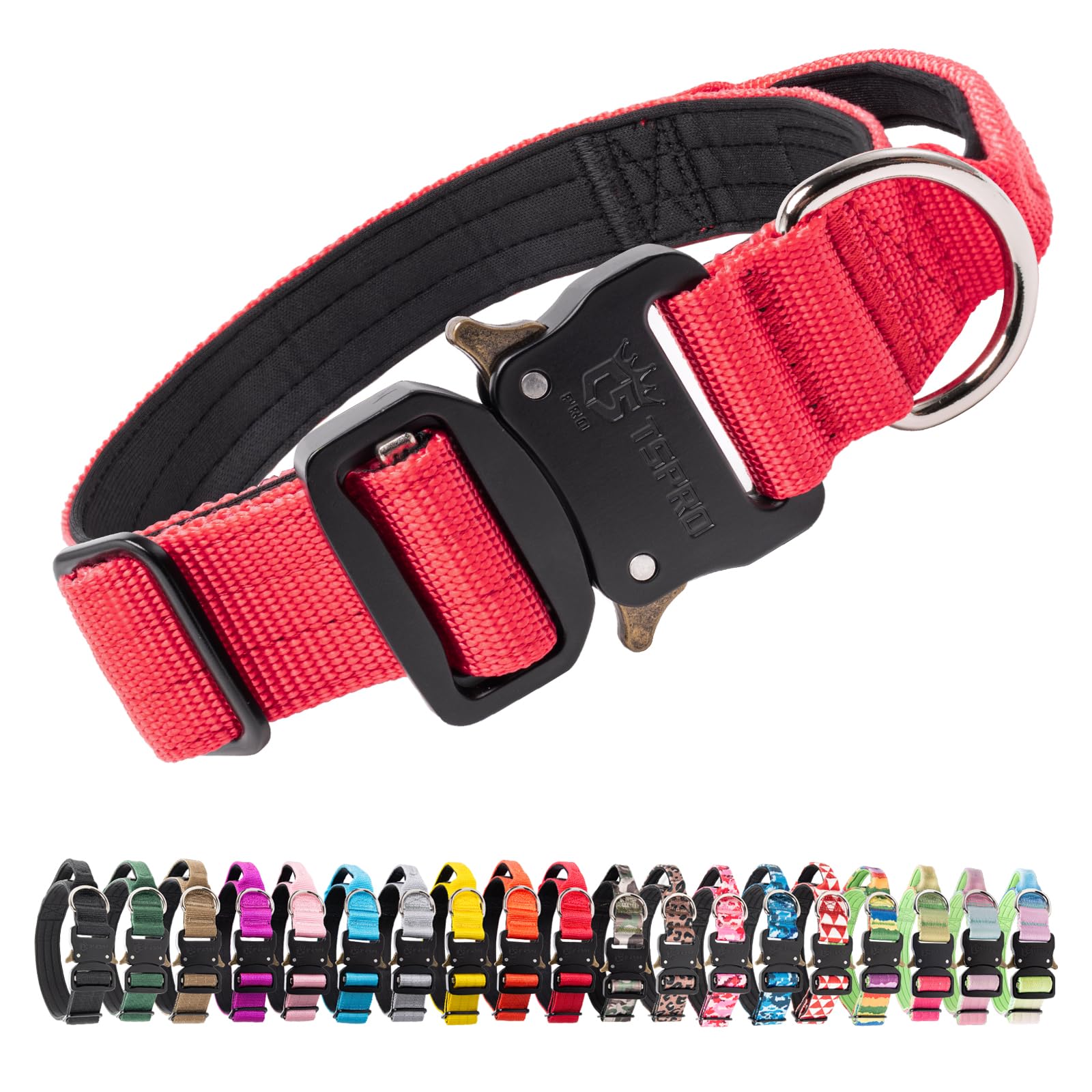 TSPRO Tactical Premium Dog Collar with Handle & Heavy Duty Quick Release Metal Buckle, Adjustable Thick Strong Collar for Medium Large Dogs (Red, M)