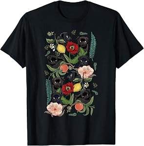 Botanical and Black Pug T- Shirt by Huebucket T-Shirt