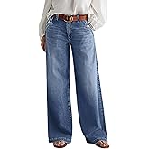 Flamingals Wide Leg Jeans for Women Mid Waist Baggy Stitch Decor Denim Washed Pants Without Belt
