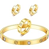 3 Pcs Hoop Earrings Bracelets Ring Sets for Women-18K Gold Plated Love Bracelet Cubic Zirconia Cuff Bangle Hoop Earrings Friendship Love Ring Jewelry Set,Wedding Party Christmas Valentine's Day Birthday Gifts for Her Girlfriend Sister Daughter
