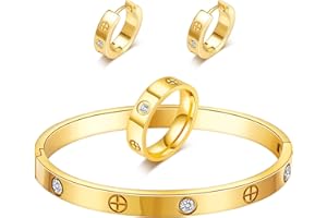 SFLOEMM 3 Pcs Gold Hoop Earrings Bracelets Ring Sets for Women-18K Gold Plated Love Bracelet Cubic Zirconia Cuff Bangle Hoop Earrings Friendship Love Ring Jewelry Set,Wedding Party Christmas Valentine's Day Birthday Gifts for Her Girlfriend Sister Daughter