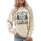 Jtvznmi Funny Camping Sweatshirt for Women Casual Long Sleeve Crewneck Comfy Vintage Pullover Camp Lover Lightweight Tops