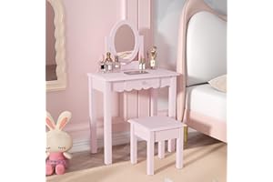 HLR Kids Vanity, Girls Vanity Set with Mirror and Stool, Wooden 2 in 1 Princess Makeup Desk Dressing Table with Detachable Top, Toddler Vanity Dresser Set with Drawer for Little Girls, Pink