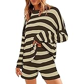 Balimtoy Women Striped Sweater Set Oversized Lounge Set Matching Pajama Sets Knit Long Sleeve 2 Piece Shorts Fall Outfits