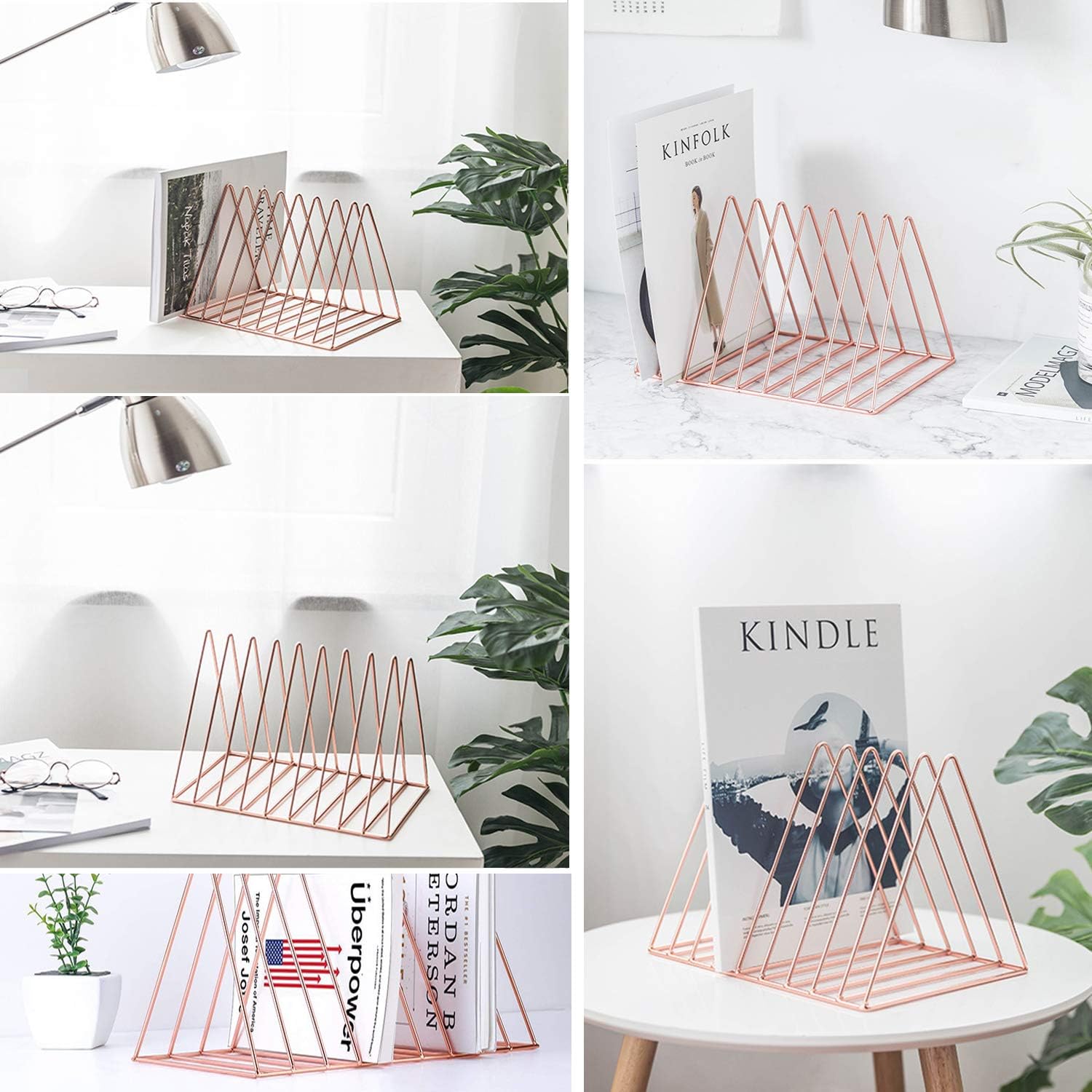 Reliancer File Organizer Triangle Iron Desktop Storage Book Rack Bookshelf Copper Magazine Newspaper Holder Art Desktop Organizer Wire Collection 9 Section for Office Home Decoration(Rose Gold): Home Improvement
