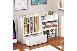 Hbluefat Desktop Organizer Shelf with Drawer, Small Adjustable Wood Tabletop Bookshelf/Bookcase, Multipurpose Desk Display St
