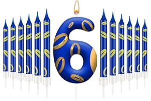 AXBMM 13PCS Birthday Cake Candles Set - Blue and Golden Ring Number Candles with Vibrant Designs for Boys & Girls, Theme Birthday Party Decorations, Cake Toppers for Theme Parties(Number 6)