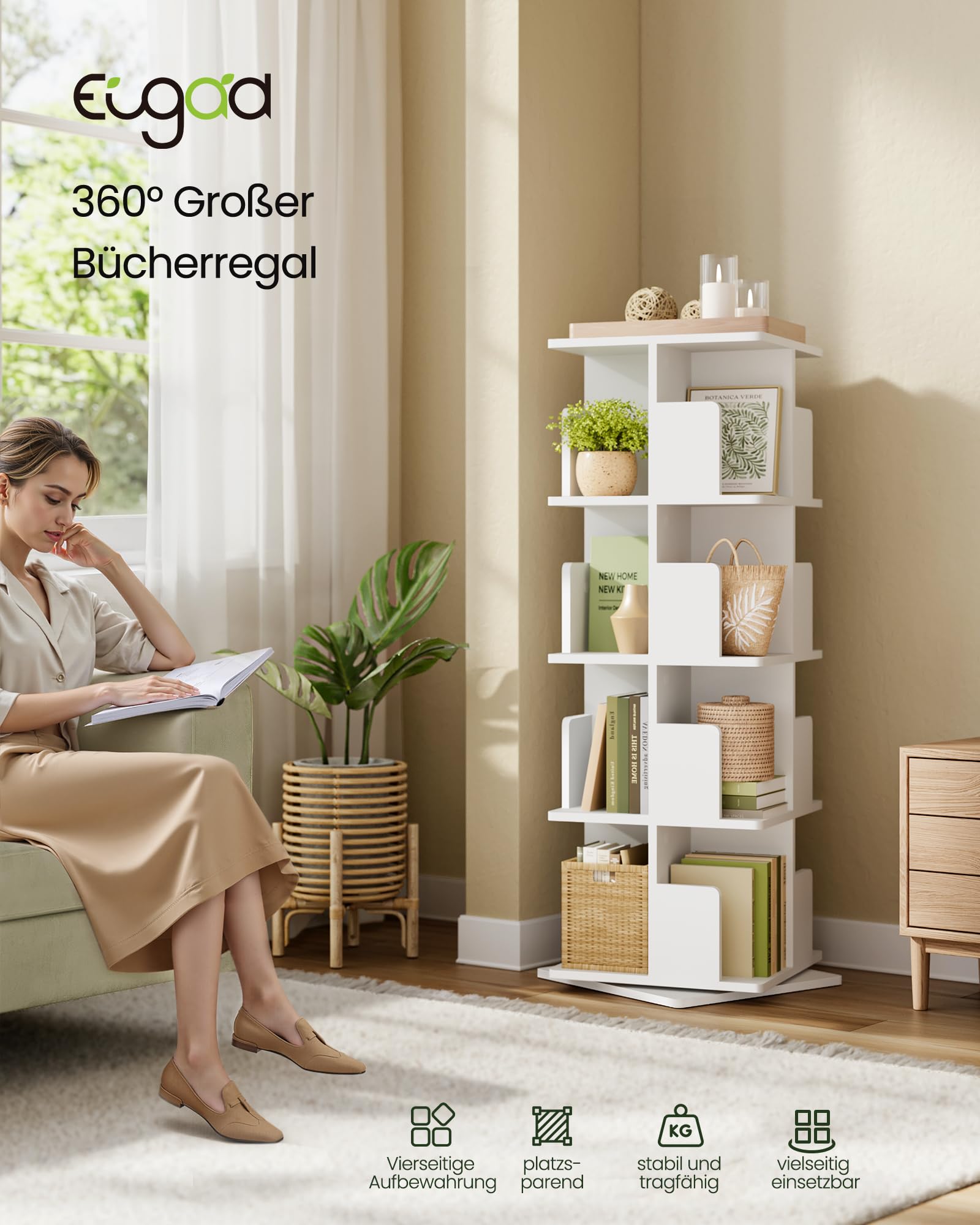 EUGAD Bücherregal drehbar mit 16 Fächer und 4 Ebenen, Weiß, 39,5x128x39,5cm 3