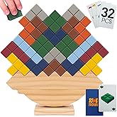 PATHFINDER PANDAS Tower Stack Game - 32 Pcs Balance Game for Kids &amp; Adults | Wooden Tetra Tower Stacking Game with Blocks &amp; Cards. Fun Family Balance Stacking Game