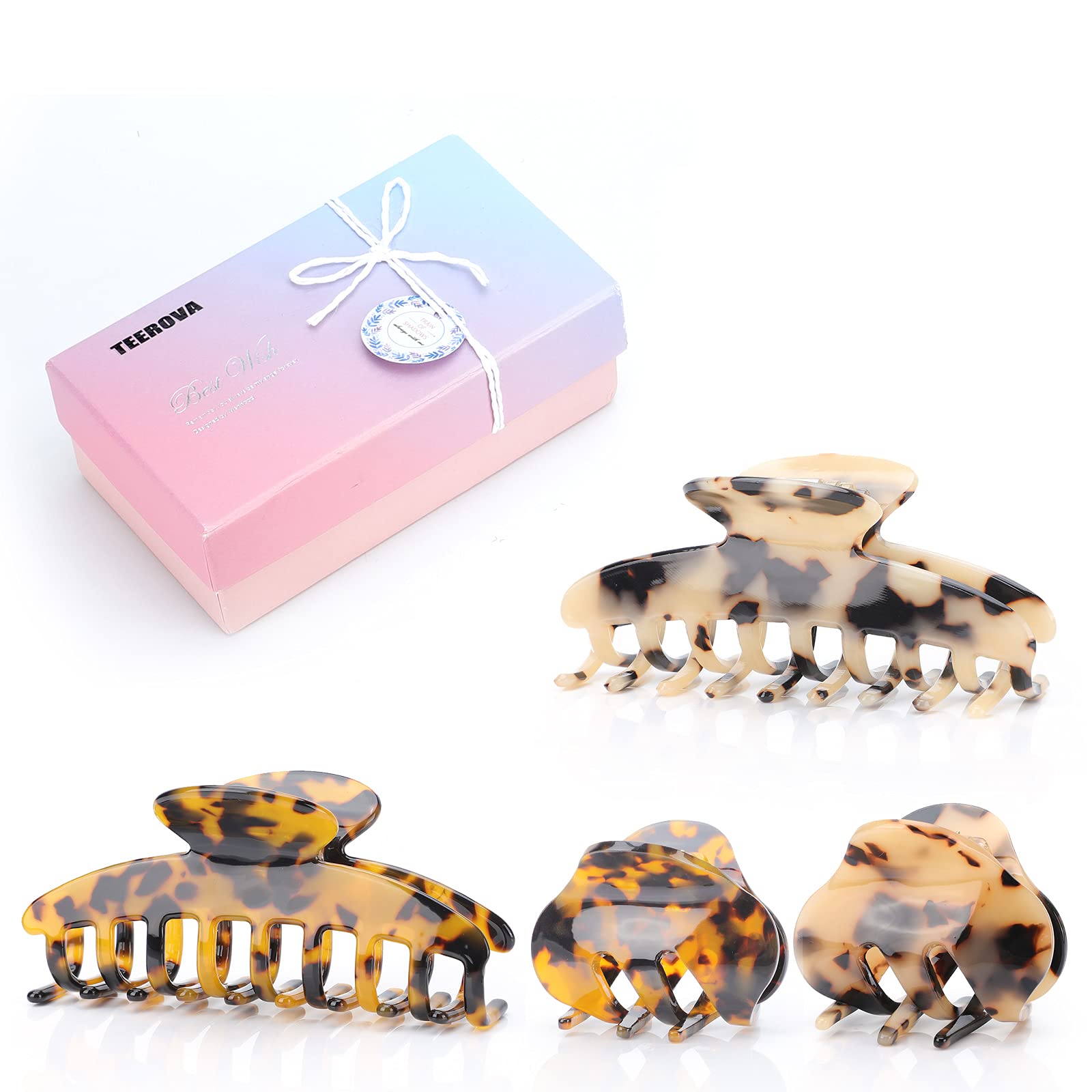 Hair Claw Clips for Women, TEEROVA 3.8 Inch & 2.2 Inch Tortoise Banana Hair Clips for Thin Hair Celluloid Leopard Print Strong Hold Big Hair Claw Clips for Thick Hair , 2 Color Available (4 Packs)