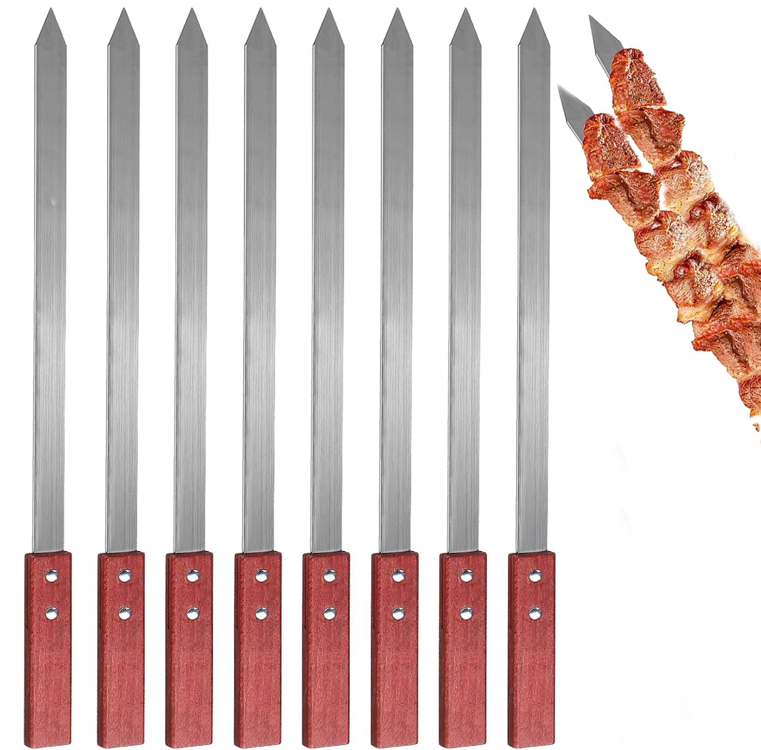 FaJoek Kebab Skewers, Pack of 8, Reusable 40 cm, Adana Skewers with Wooden Handle, Flat Kebab Skewers, Stainless Steel, Skewers Grill for Meat, Vegetables, Meat Skewers, Barbecue Accessories