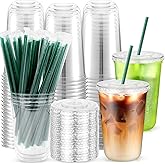 Etersky 50PCS 16 oz Clear Plastic Cups with Lids and Dark Green Straws, Round Bottom Disposable To Go iced Coffee Cups, BPA Free Bubble Tea Smoothie Cups for Coffee Shops, Picnic, Christmas, Holiday