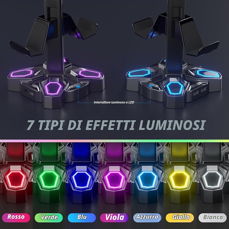 Porta Cuffie da Scrivania, Supporto cuffie Ruotabile con 9 Modalità di Illuminazione - Porta Controller con 2 porte di Ricarica USB e Porta da 3,5 mm e di tipo per Gaming Accessori