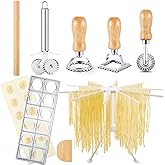 Geetery 5 Pieces Ravioli Mold Set, 12 Holes Ravioli Maker Press, 3 Pasta Cutter Stamps, Wood Rolling Pin, Pasta Making Tools, Pelmeni Mold, Manual, Stainless Steel, White, Silver, Wood Color