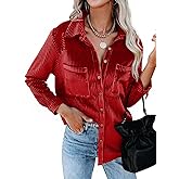 Cicy Bell Womens Velvet Button Down Shirt Casual Long Sleeve V Neck Collared Tops Fall Shacket Jacket with Pockets
