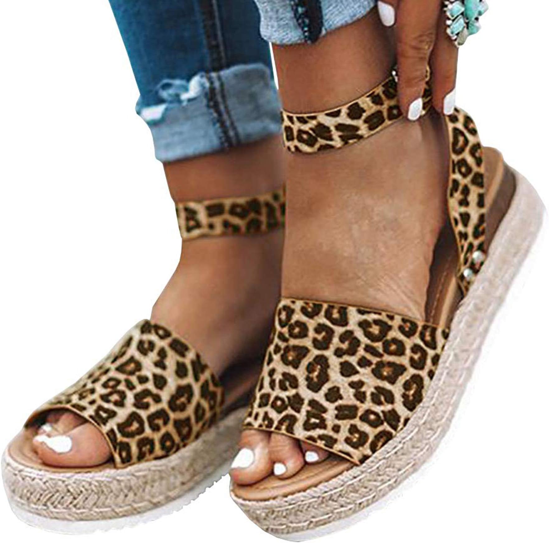 Ru Sweet Women's Espadrille Wedges Sandals Peep Toe PU Belt Buckle Blocking Adjustable High Platform Ankle Strap Summer Shoes