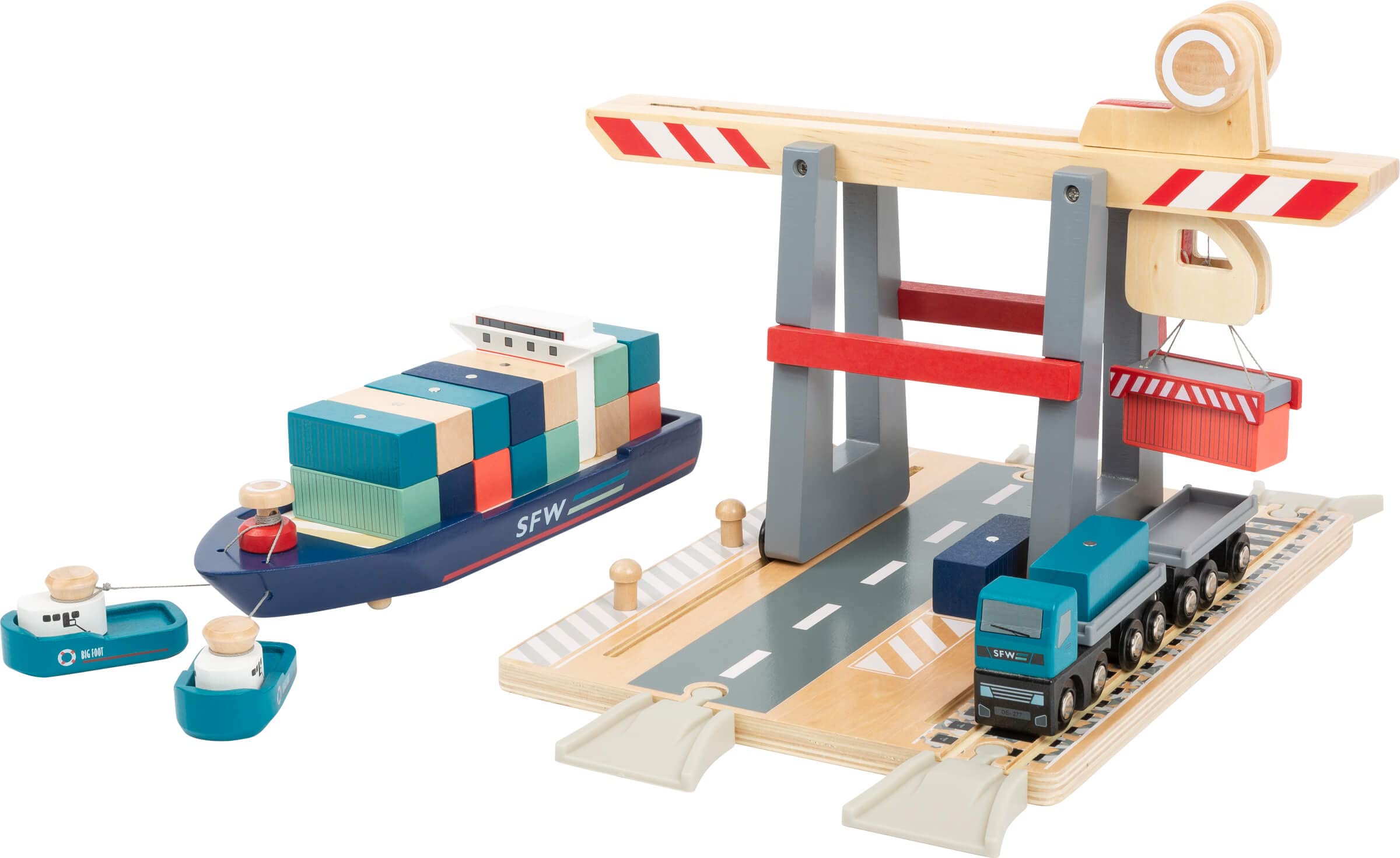 Small Foot 11378 Wooden Terminal, with Movable Container Bridge, and Accessories, for Ages 3+ Years Toys, Multicolored