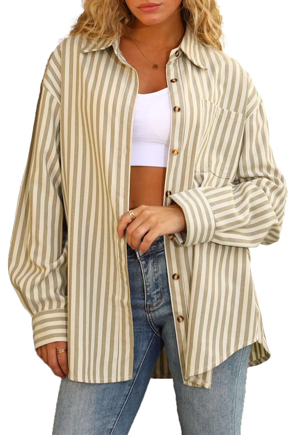 Photo 1 of CHYRII Womens Striped Button Down Shirt Casual Long Sleeve Blouse Top Olive Green XL