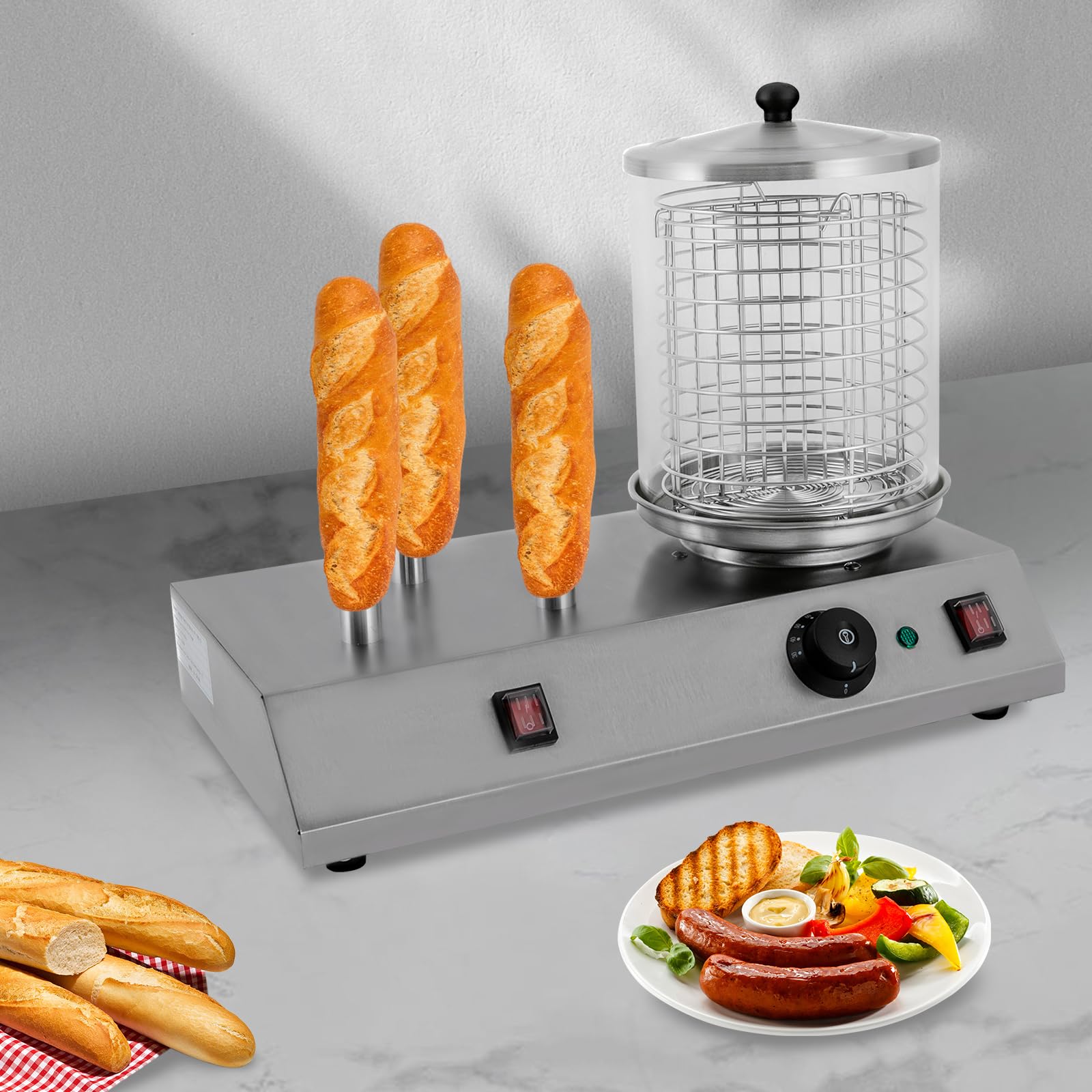 Hot Dog Steamer with Lid Stainless Steel Dog Steamer And 3 Bun Warmer Adjustable Temperature 86-230℉,Hotdog Machine with Bun Warmer for Hot Dogs, Sausages, Breads&Baguettes