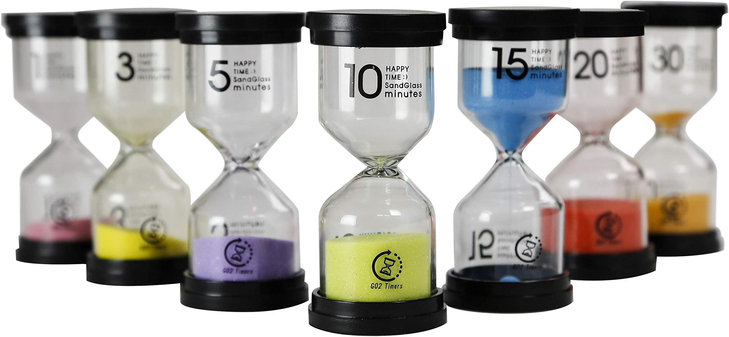 Hour Glass Sand Timer Set 7 Piece - For Classroom Office Teachers Kids Toddler Toothbrush & Games | Colorful Visual Timers | Clock Watch | 1 3 5 10 15 20 30 Minute Time | UPDATED VERSION - Go2 Timers