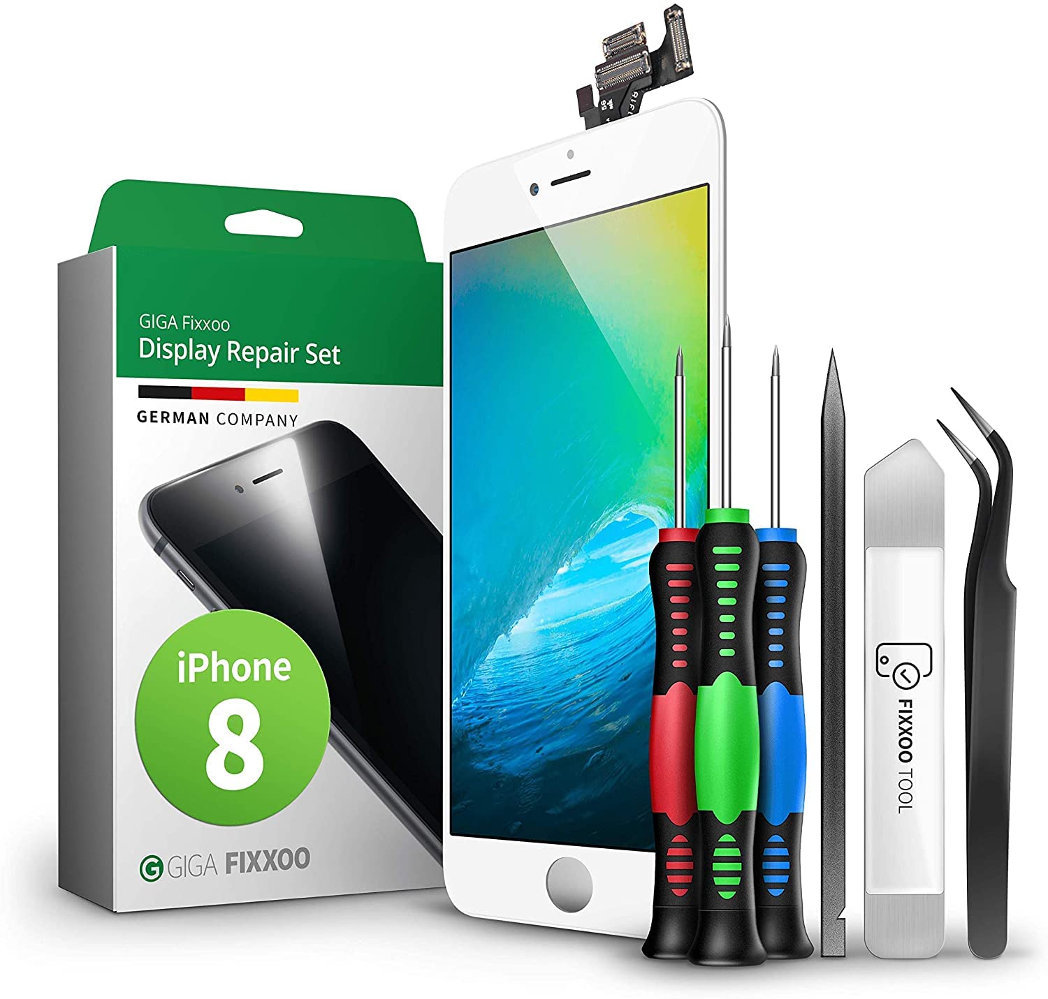 GIGA Fixxoo compatible with iPhone 8 Screen Replacement Complete Kit White LCD; with TouchScreen, Retina Display Glass, Camera & Proximity Sensor - Easy Repair Guided Installation DIY