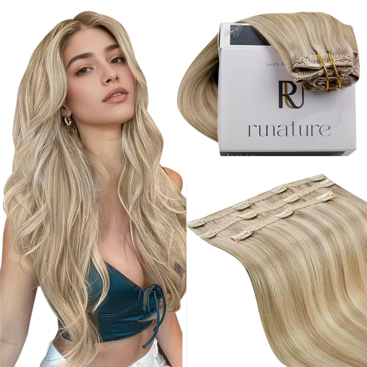 RUNATURE Clip in Hair Extensions Real Human Hair Blonde Highlight Human Hair Extensions Clip in 14 Inch 50 Gram 3PCS #16p22 — image 1
