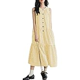 chouyatou Women Summer A Line Tiered Tank Gingham Dress Cotton Linen Sleeveless Beach Plaid Sun Dress